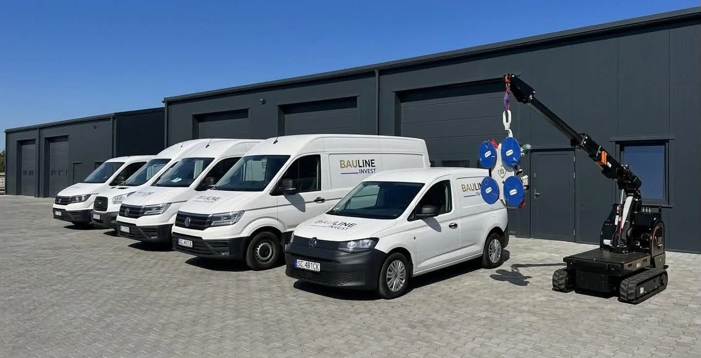 Samochody Bauline Invest i mini żuraw BG Lift M100 przed halą